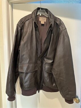 Vintage L.L. Bean Men's Dark Brown Leather Bomber Jacket Size XXLarge